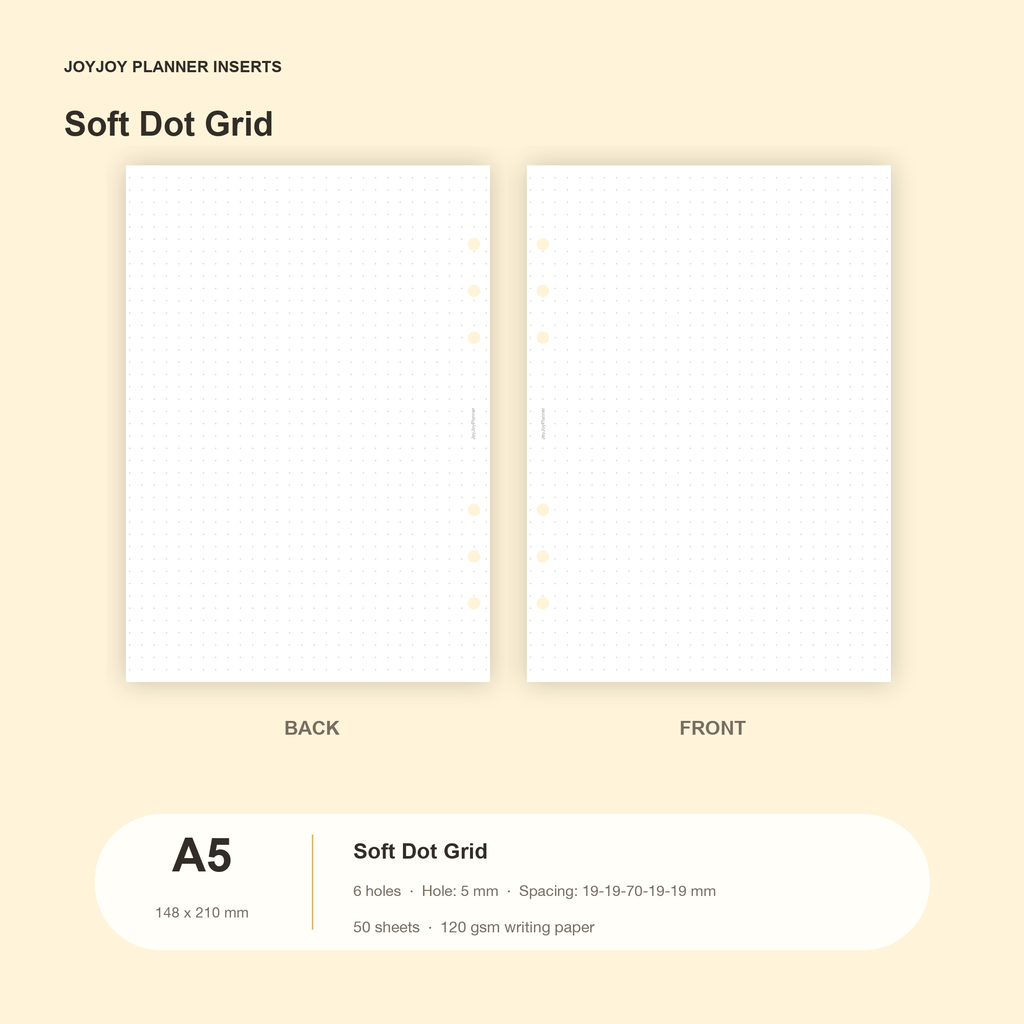 Soft dot grid planner inserts in JOYJOY A5 size, 148 x 210 mm, six hole, 50 sheets
