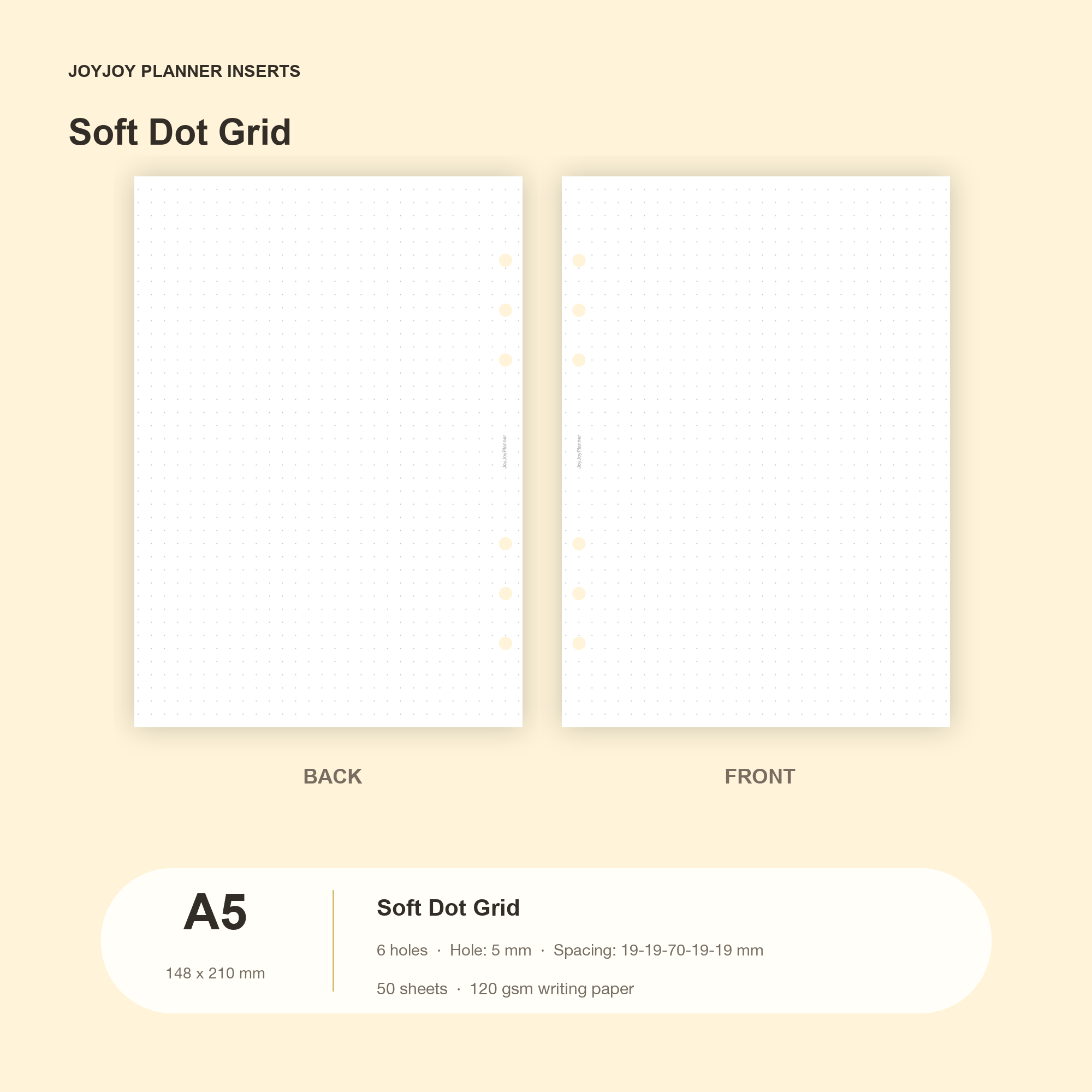 Soft dot grid planner inserts in JOYJOY A5 size, 148 x 210 mm, six hole, 50 sheets