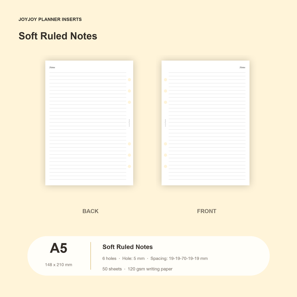 Soft ruled notes planner inserts in JOYJOY A5 size, 148 x 210 mm, six hole, 50 sheets