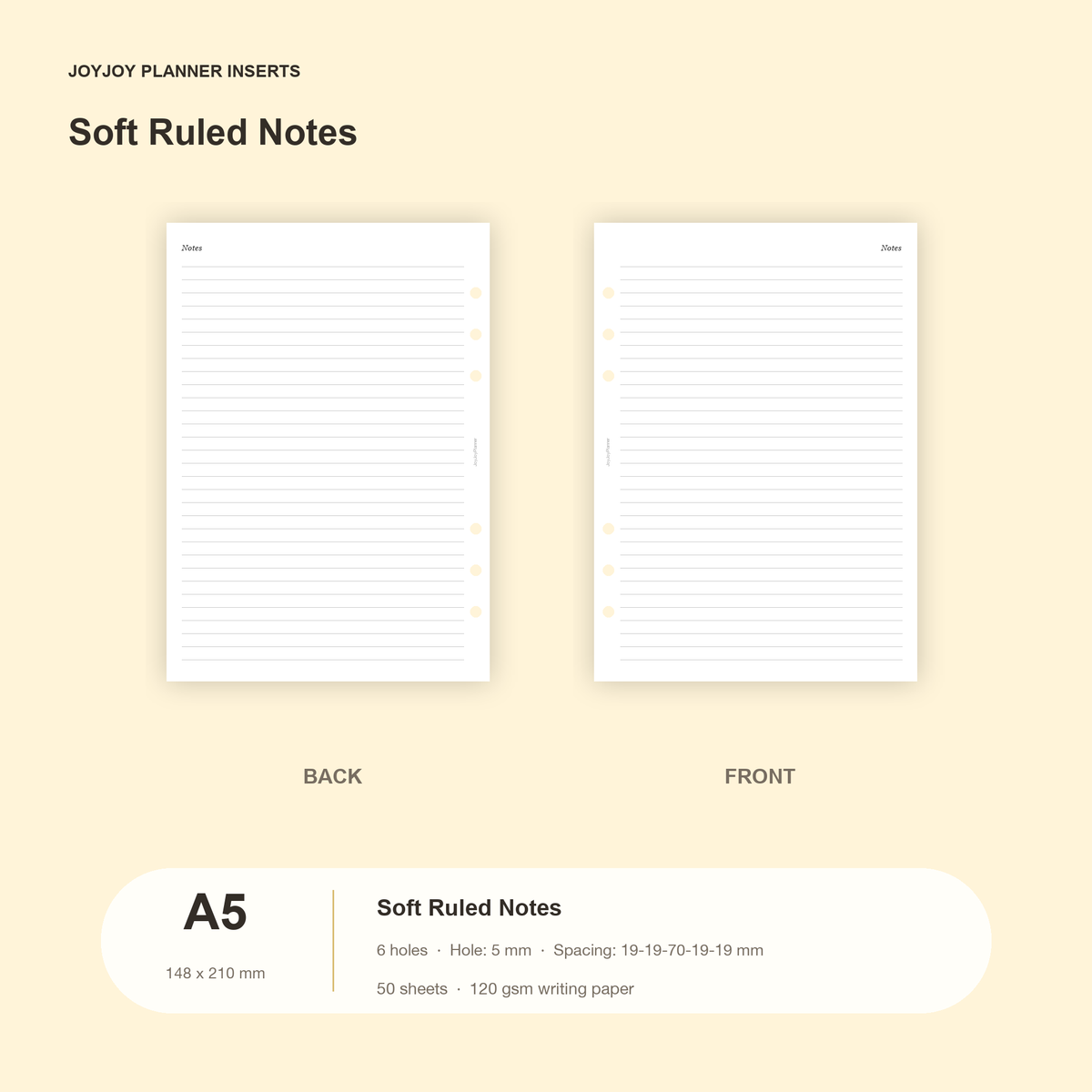 Soft ruled notes planner inserts in JOYJOY A5 size, 148 x 210 mm, six hole, 50 sheets