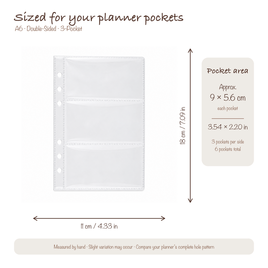 A6 three-pocket planner insert size guide showing 11 by 18 centimeters and approximate pocket dimensions
