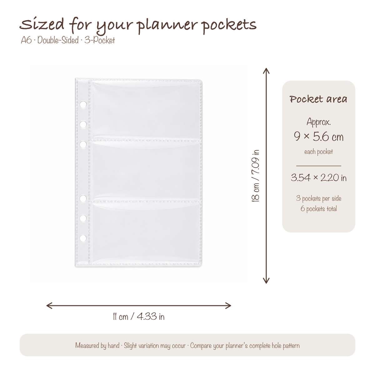 A6 three-pocket planner insert size guide showing 11 by 18 centimeters and approximate pocket dimensions