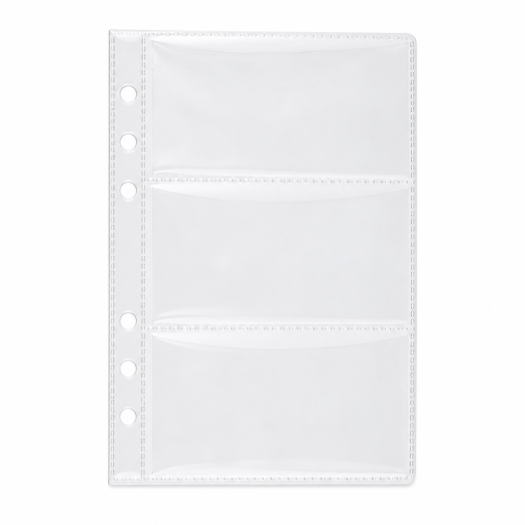 Clear A6 six-ring planner insert with three horizontal pockets on a white background