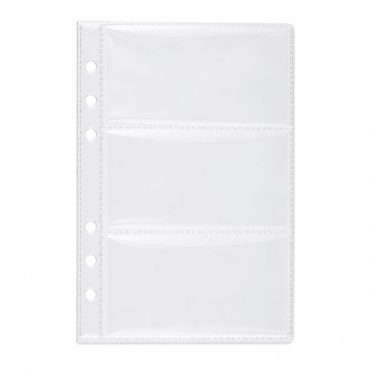 Clear A6 six-ring planner insert with three horizontal pockets on a white background