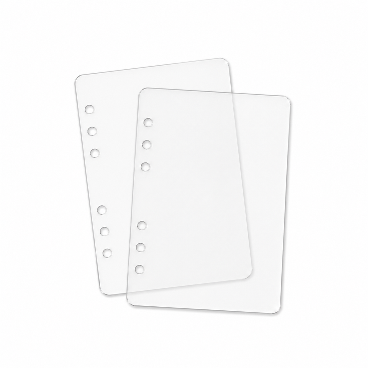 Two crystal-clear A6 PET planner dashboards with six holes in a three-plus-three pattern on a white background