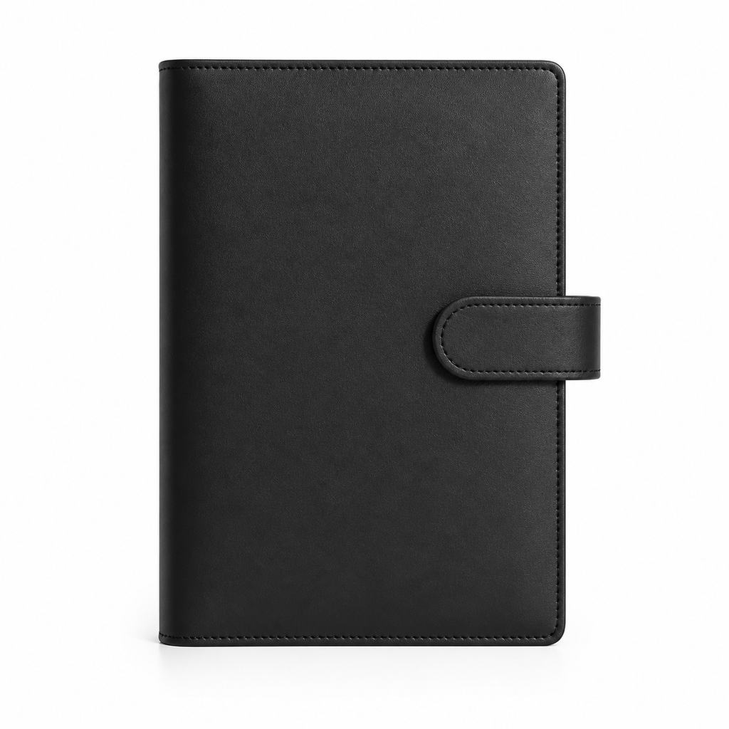 Black A6 budget binder cover on a white background