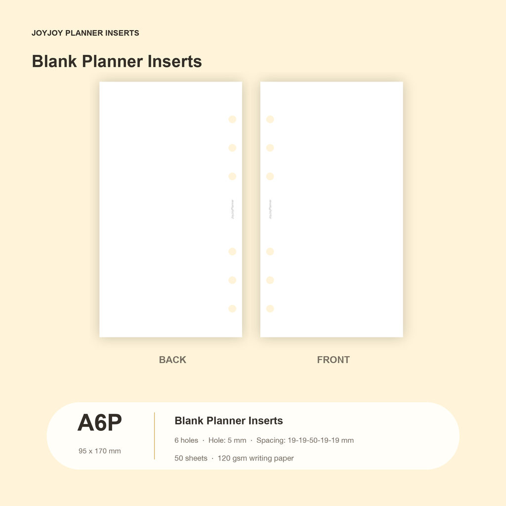 Blank planner inserts in JOYJOY A6 Personal size, 95 x 170 mm, six hole, 50 sheets