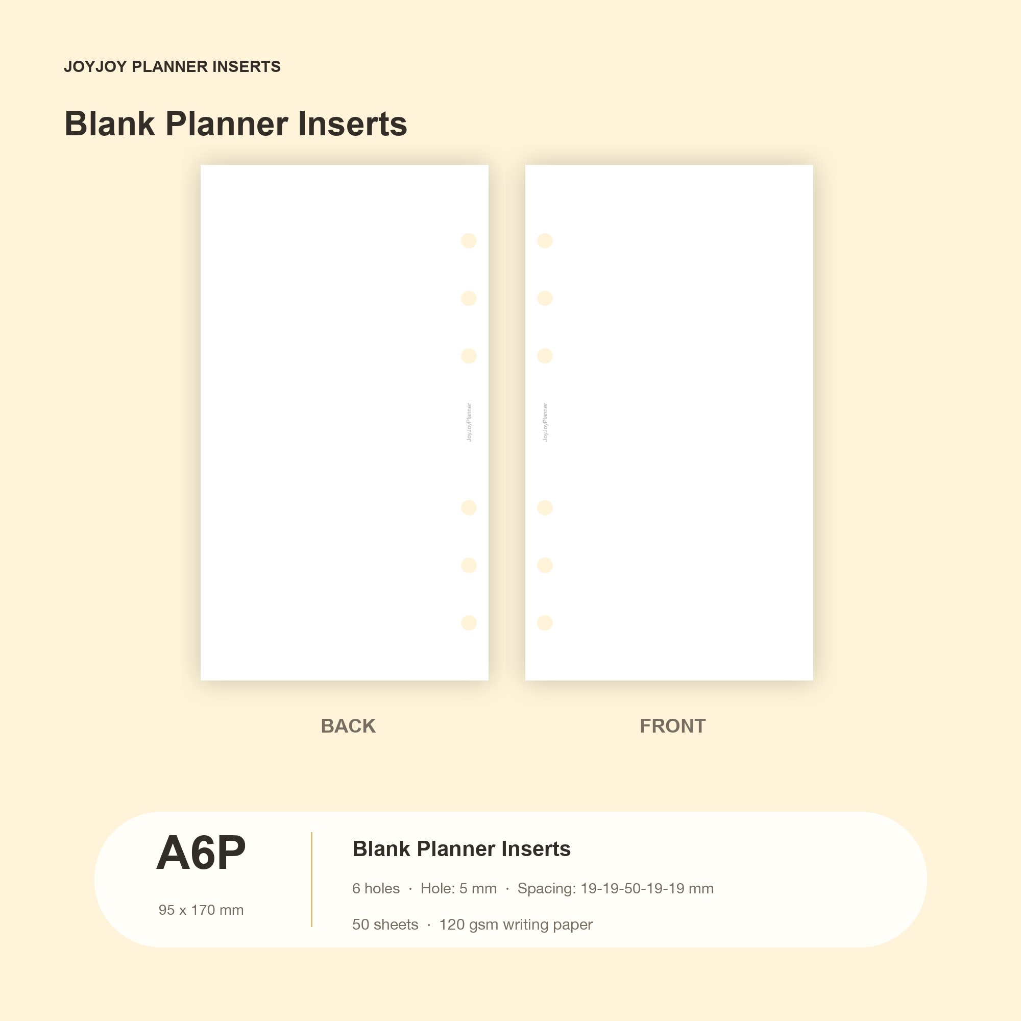Blank planner inserts in JOYJOY A6 Personal size, 95 x 170 mm, six hole, 50 sheets