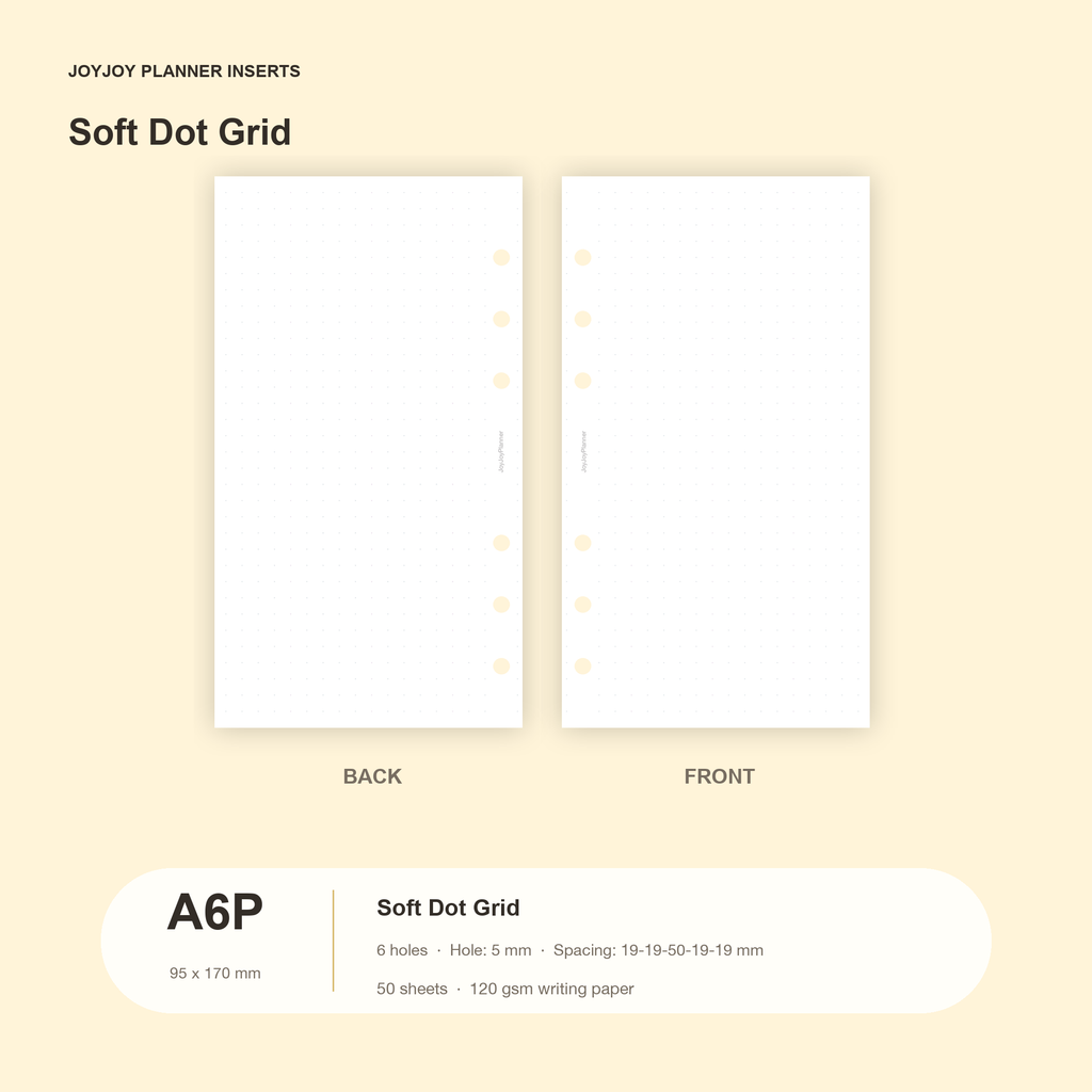 Soft dot grid planner inserts in JOYJOY A6 Personal size, 95 x 170 mm, six hole, 50 sheets