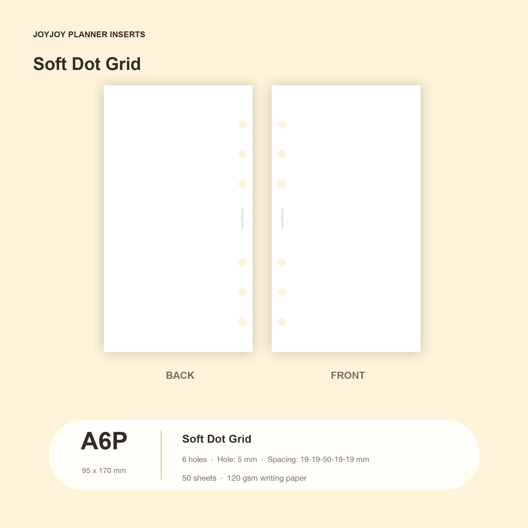Soft dot grid planner inserts in JOYJOY A6 Personal size, 95 x 170 mm, six hole, 50 sheets