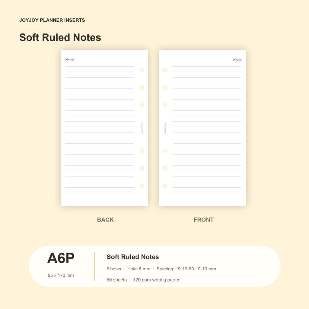 Soft ruled notes planner inserts in JOYJOY A6 Personal size, 95 x 170 mm, six hole, 50 sheets