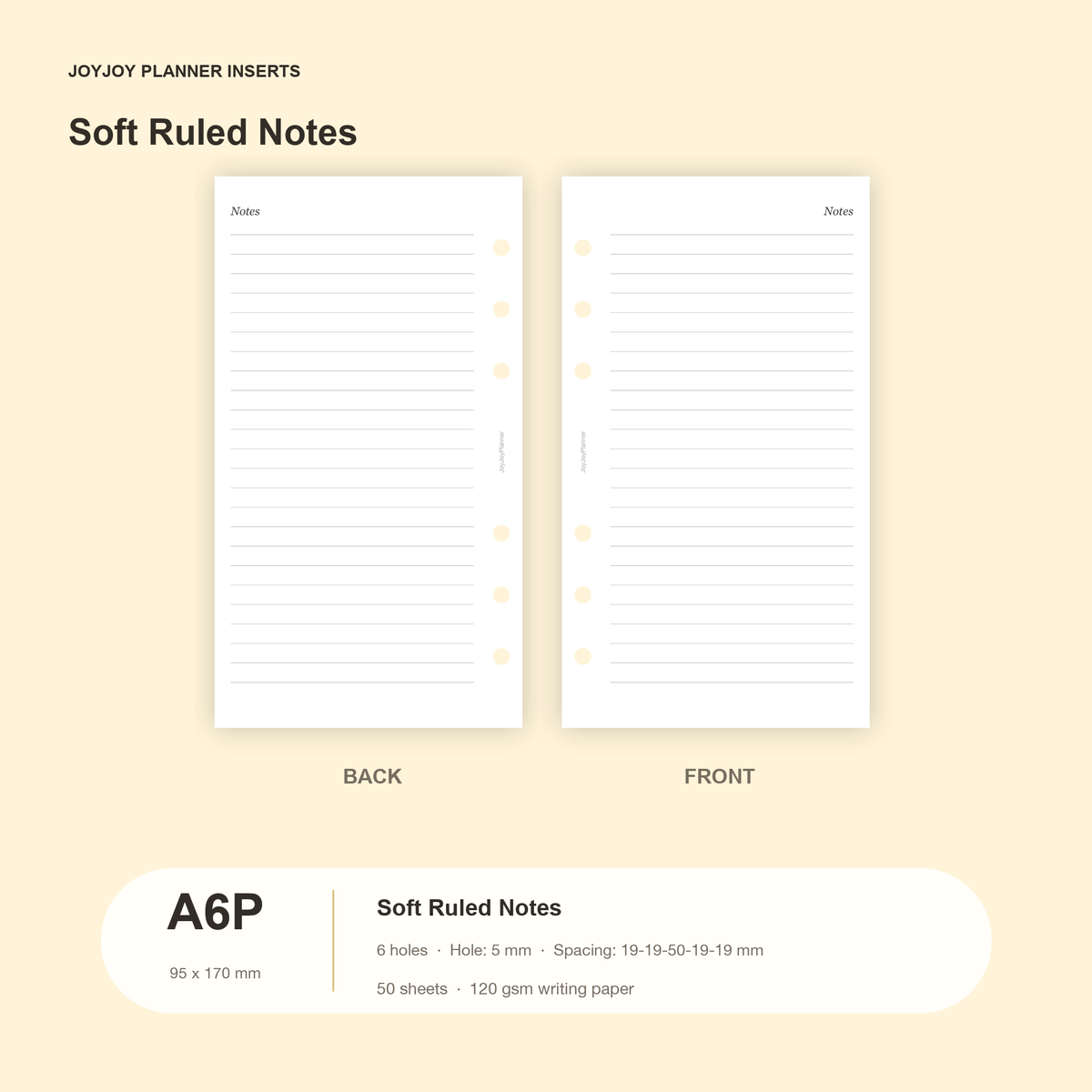 Soft ruled notes planner inserts in JOYJOY A6 Personal size, 95 x 170 mm, six hole, 50 sheets