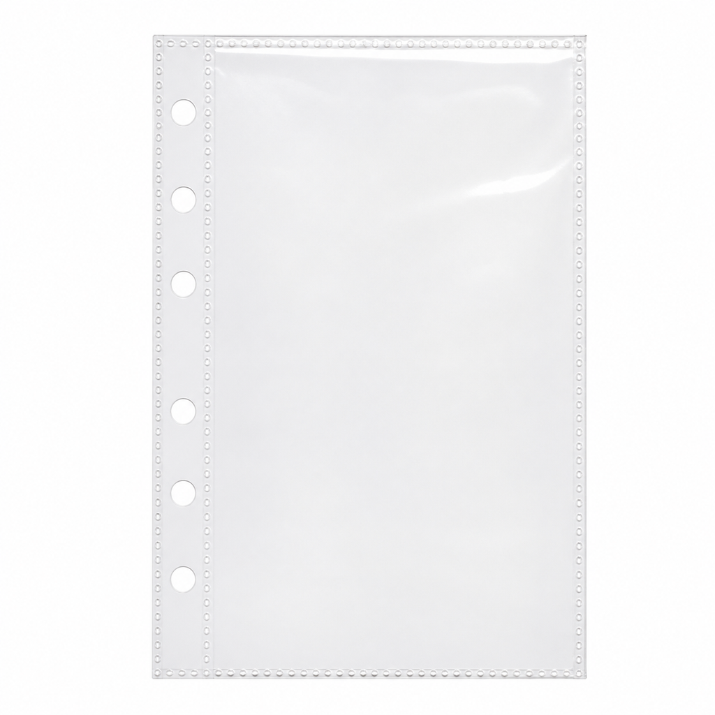 Clear A7 double-sided six-ring planner insert with one full-page pocket on a white background