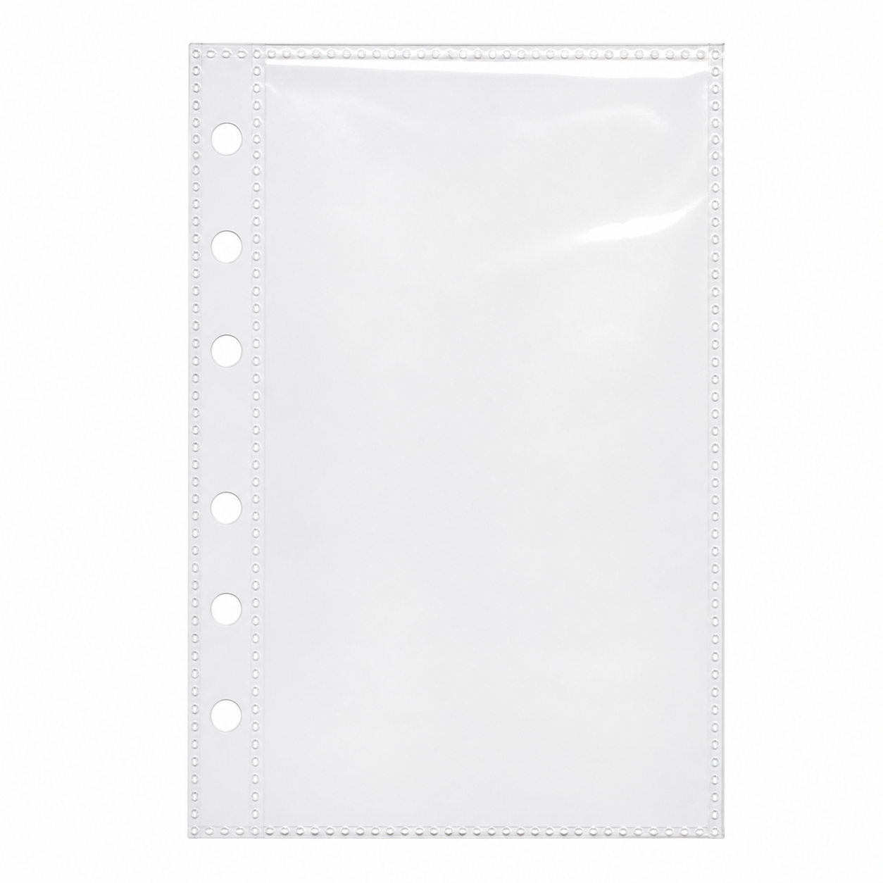 Clear A7 double-sided six-ring planner insert with one full-page pocket on a white background