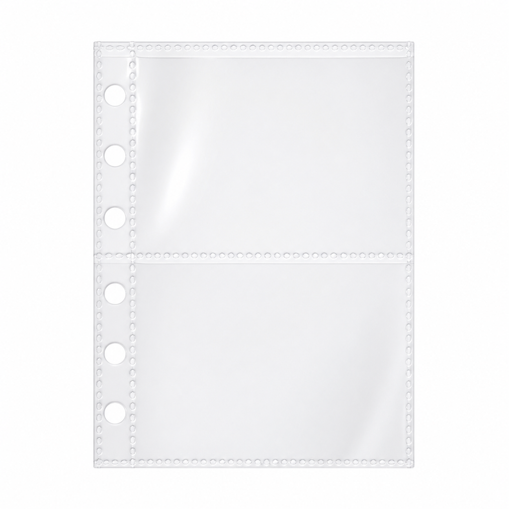 Clear A7 double-sided six-ring planner insert with two horizontal pockets on a white background