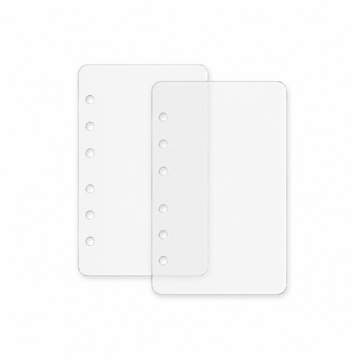 Two crystal-clear A7 PET planner dashboards with six holes on a white background