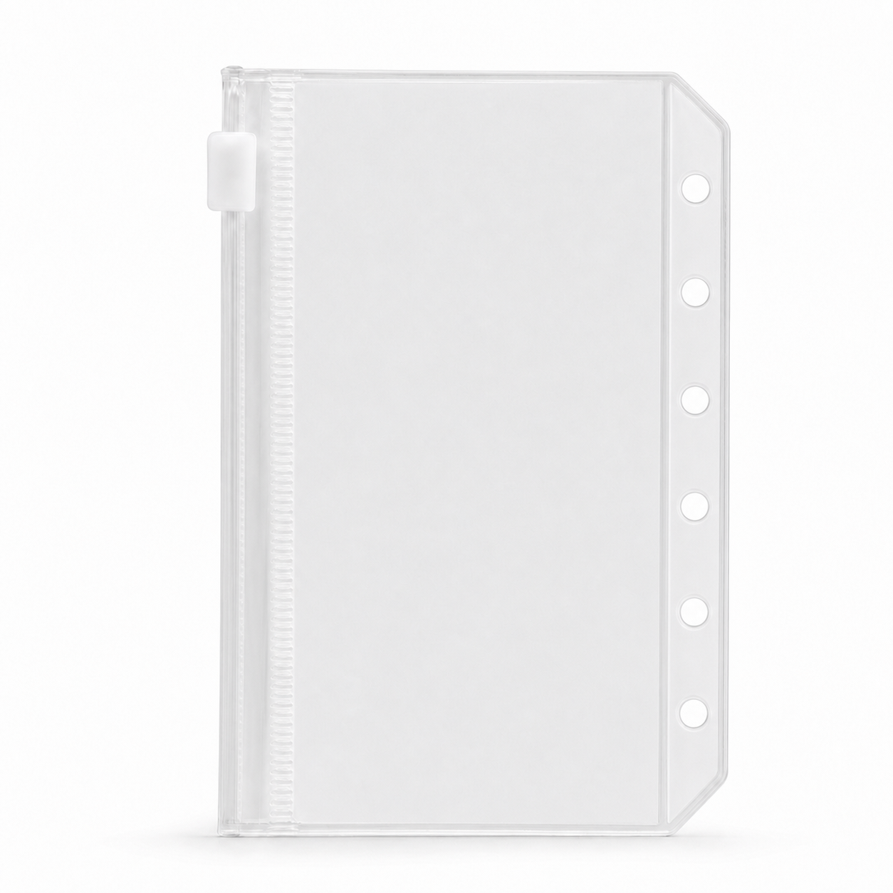 Frosted clear A7 zipper binder pocket with six holes on a white background