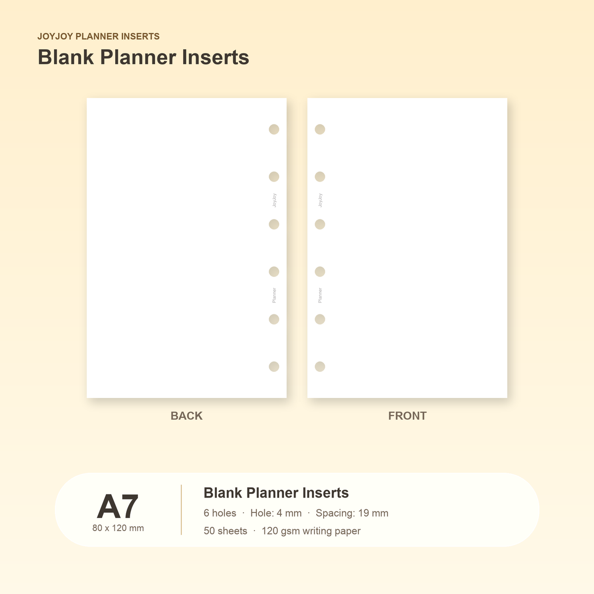 Blank planner inserts in JOYJOY A7 size, 80 x 120 mm, six hole, 50 sheets