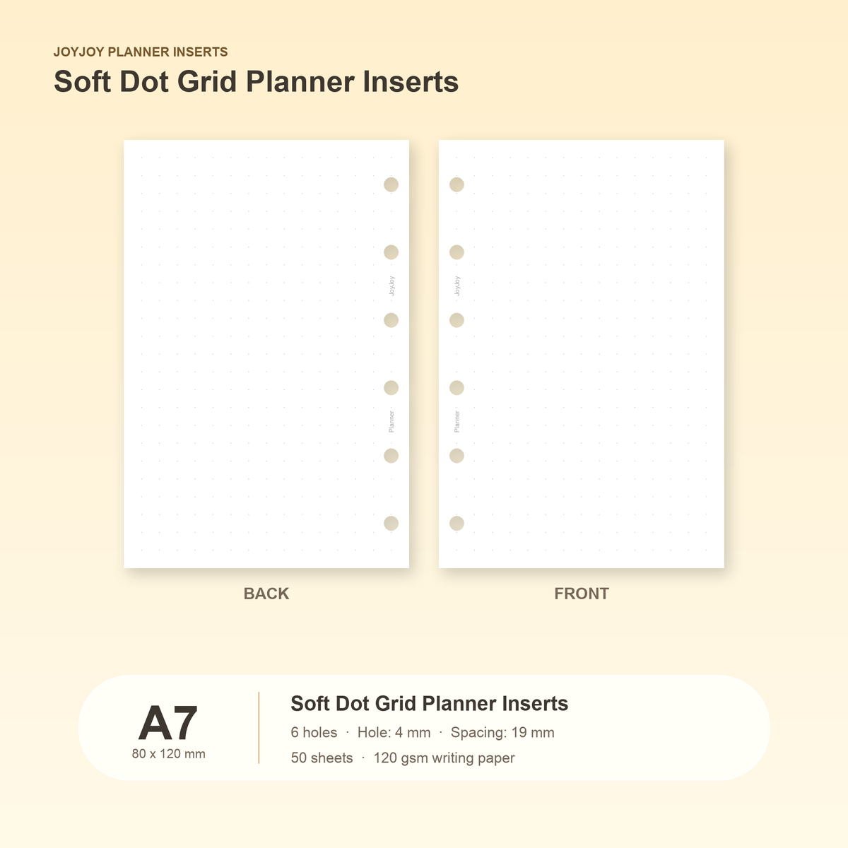 Soft dot grid planner inserts in JOYJOY A7 size, 80 x 120 mm, six hole, 50 sheets
