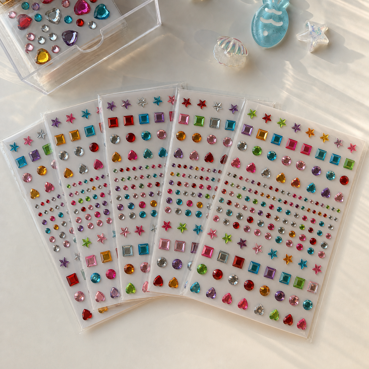 Five colorful self-adhesive assorted gem mix — 142 gems sticker sheets; each sheet may have different colors and gem arrangements