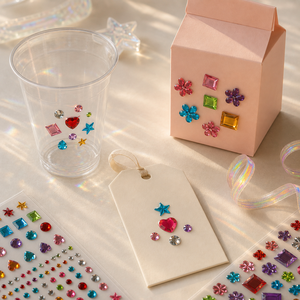 Whimsy Gems assorted gem stickers used on party cups, cards, and favor packaging; styling props not included