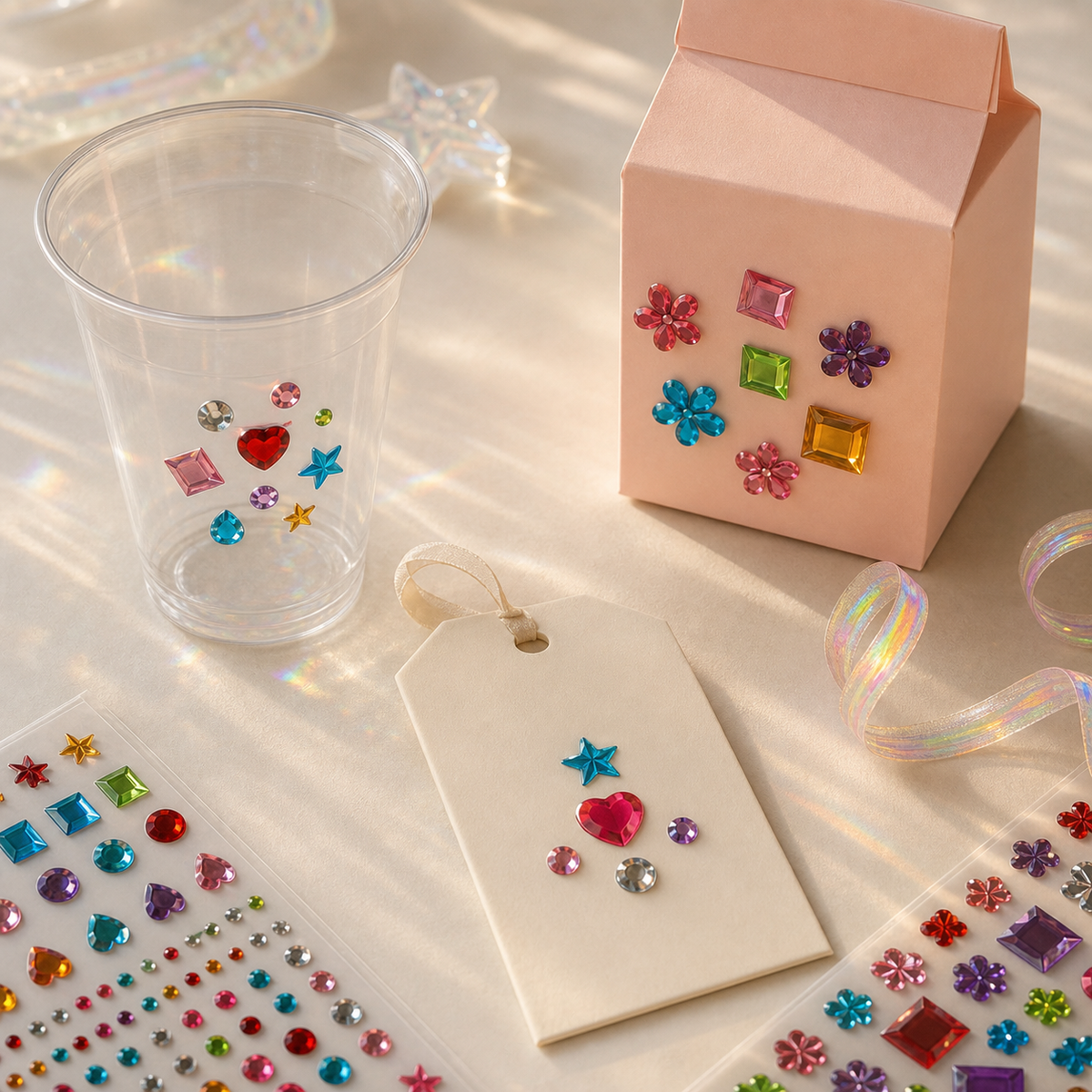 Whimsy Gems assorted gem stickers used on party cups, cards, and favor packaging; styling props not included