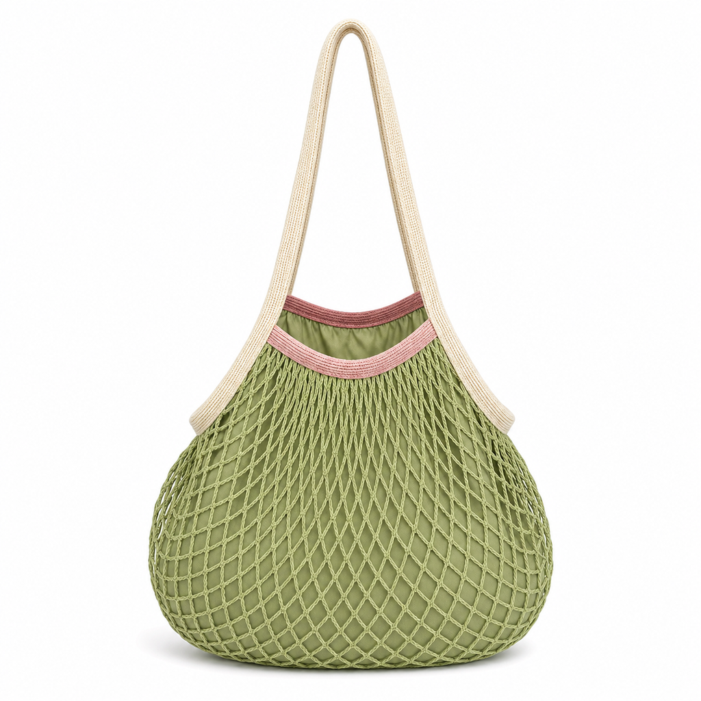 Avocado green lined cotton net tote bag with cream handles on a white background