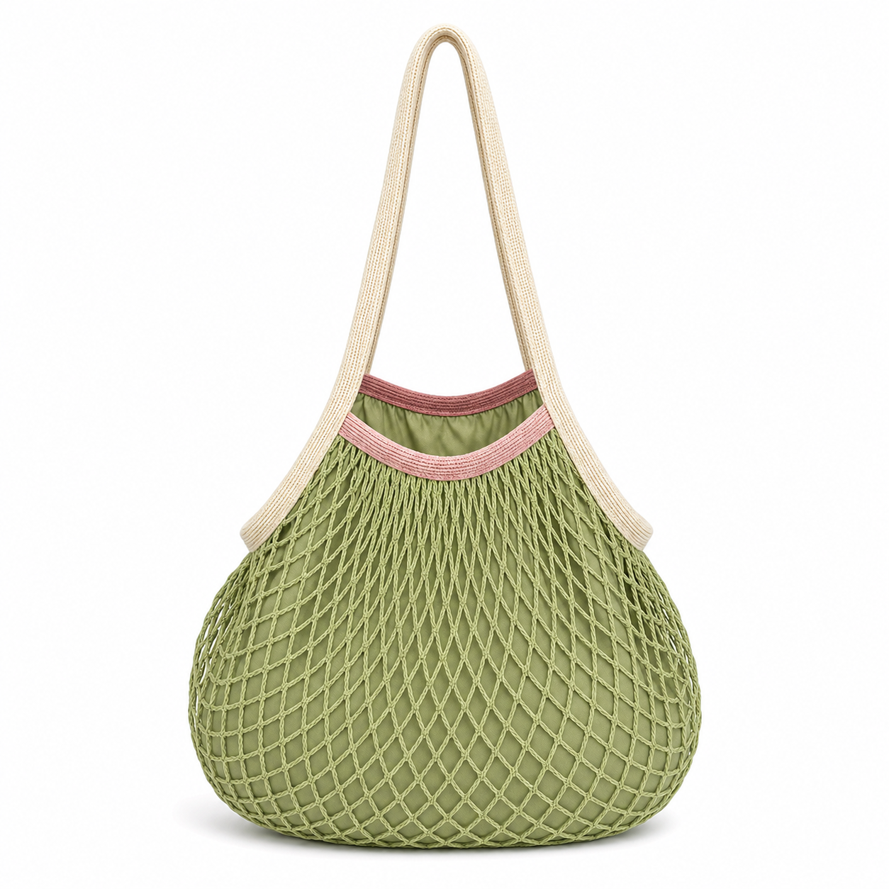 Avocado green lined cotton net tote bag with cream handles on a white background