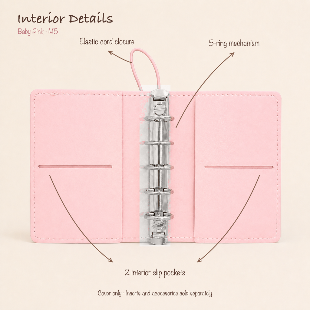 Open Baby Pink M5 five-ring planner cover showing elastic cord closure and two interior slip pockets
