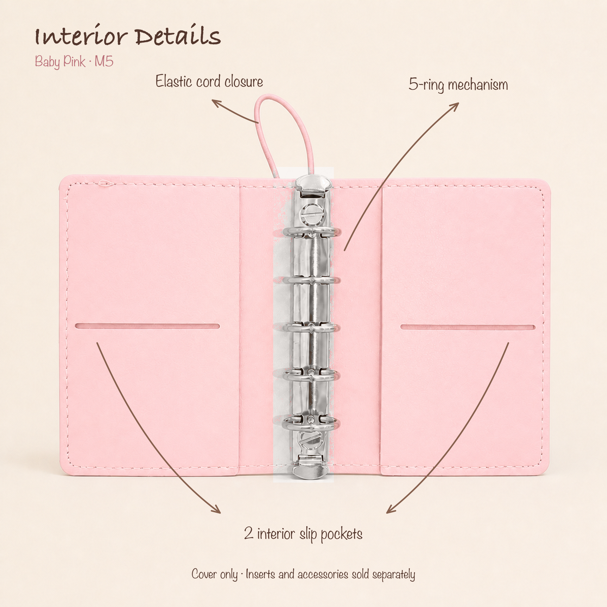 Open Baby Pink M5 five-ring planner cover showing elastic cord closure and two interior slip pockets
