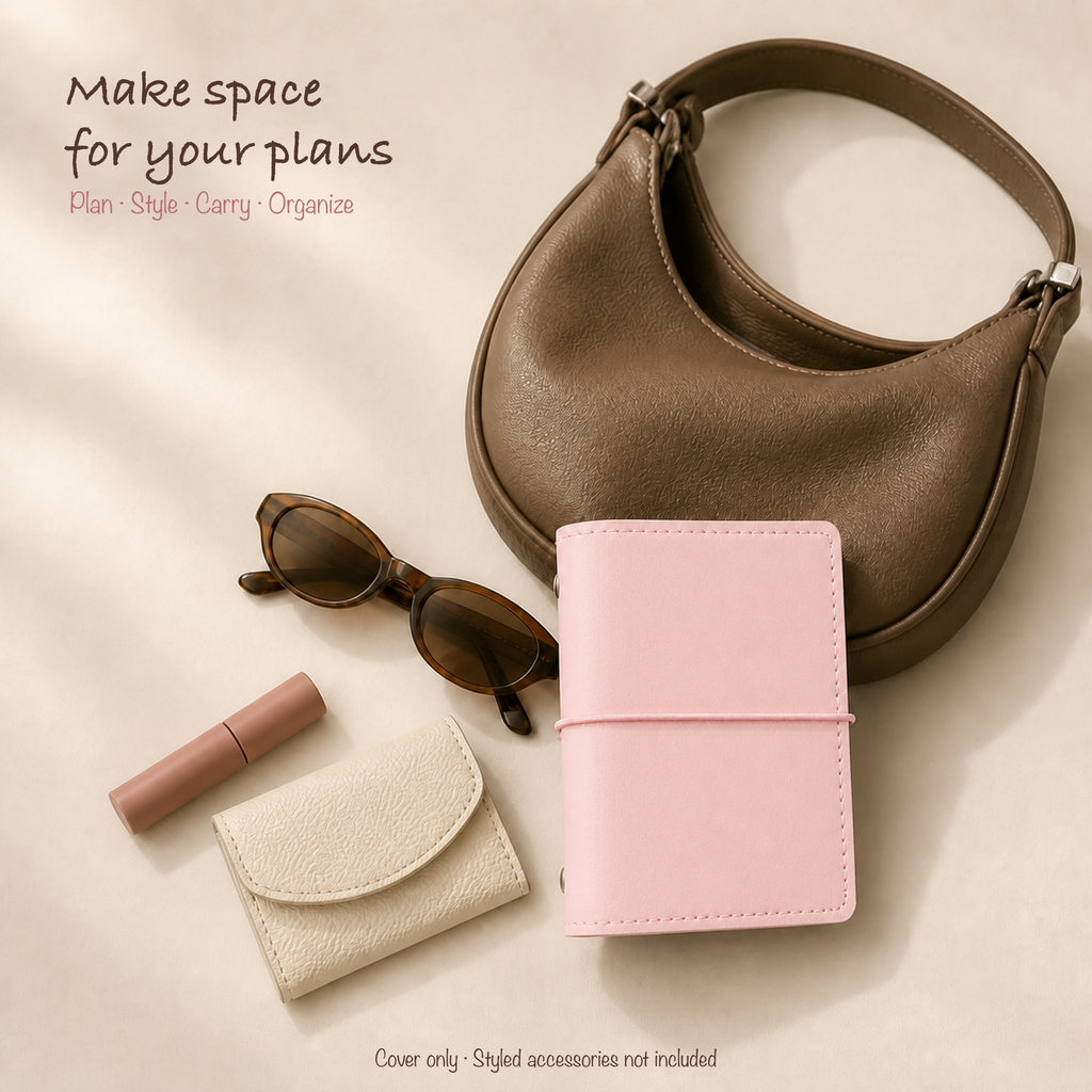 Baby Pink M5 planner cover styled with a petite hobo bag and clean everyday accessories