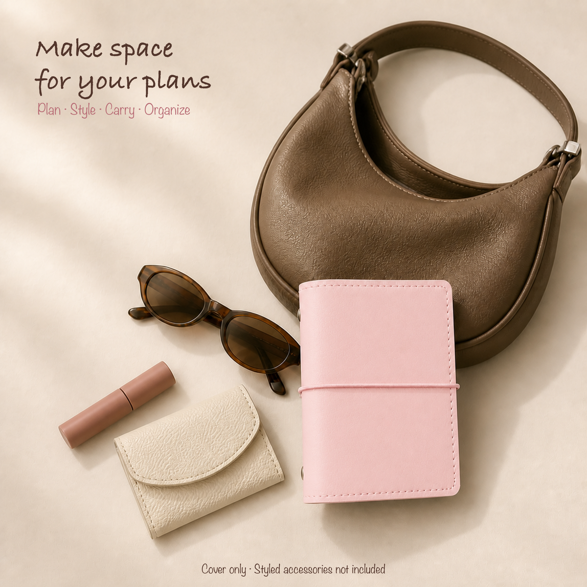 Baby Pink M5 planner cover styled with a petite hobo bag and clean everyday accessories
