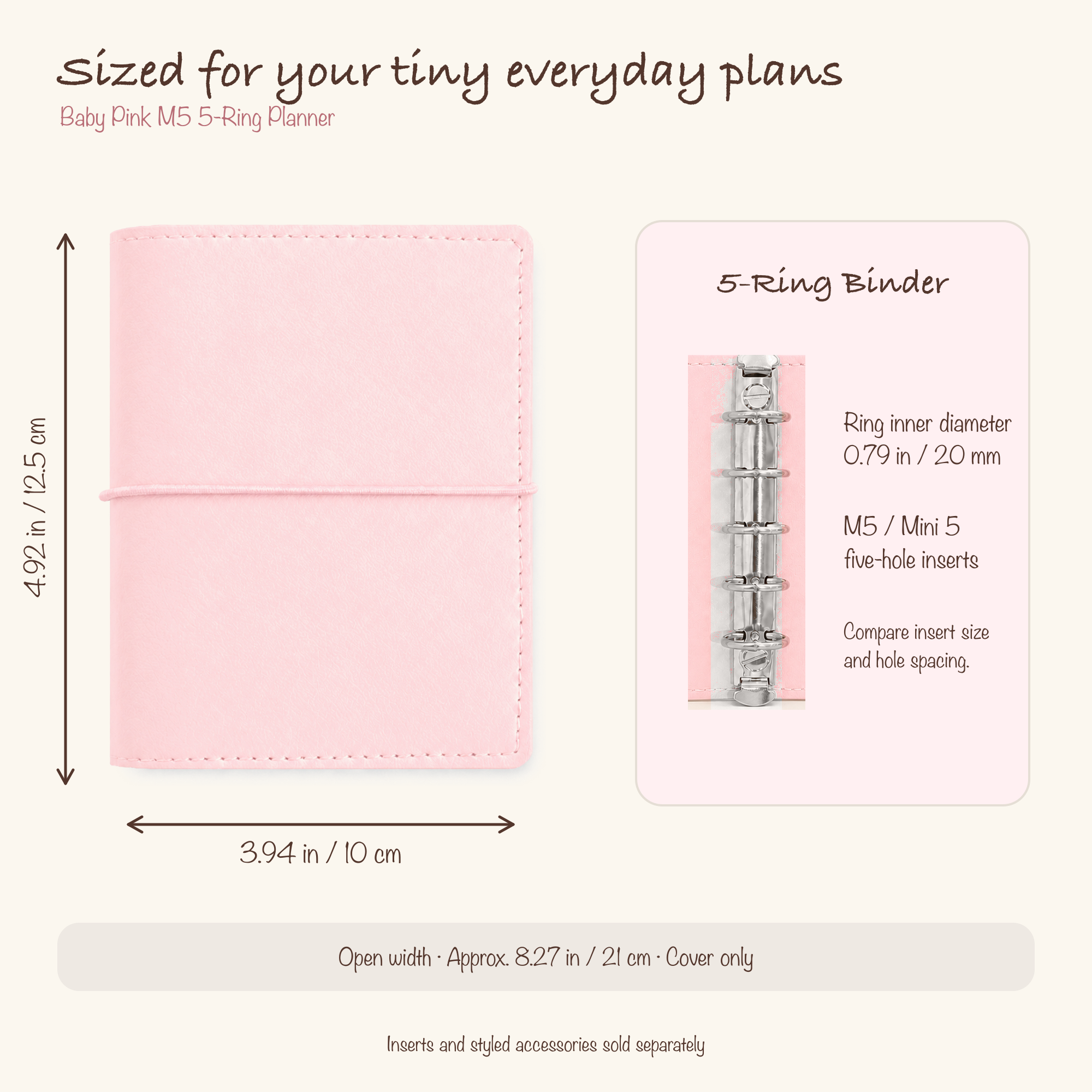 Baby Pink M5 planner cover dimensions and 20 mm five-ring insert compatibility guide
