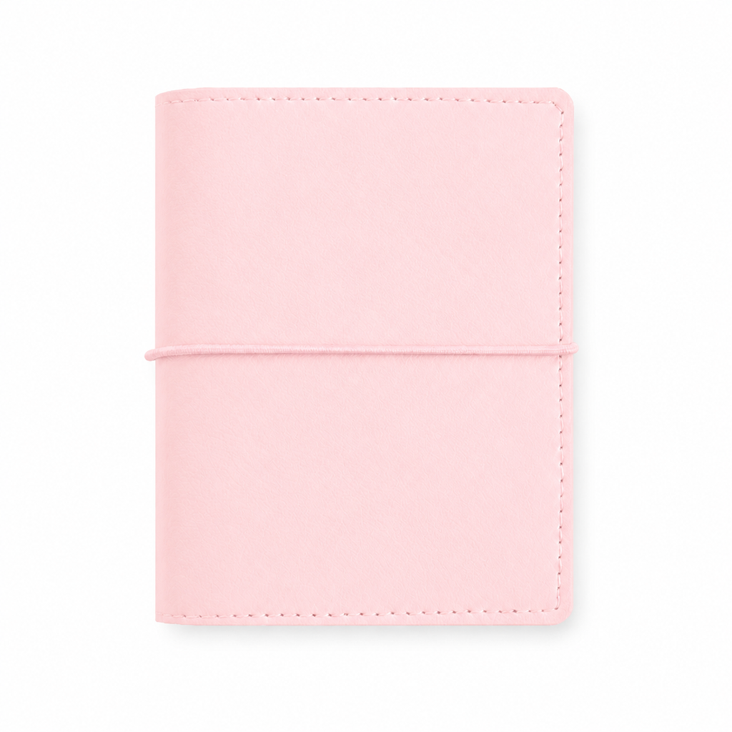 Baby Pink M5 Wide five-ring planner cover with elastic closure on a white background