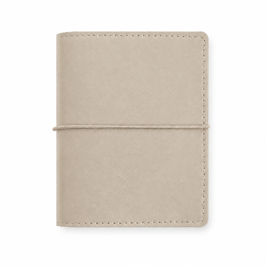 Beige M5 Wide five-ring planner cover with elastic closure on a white background