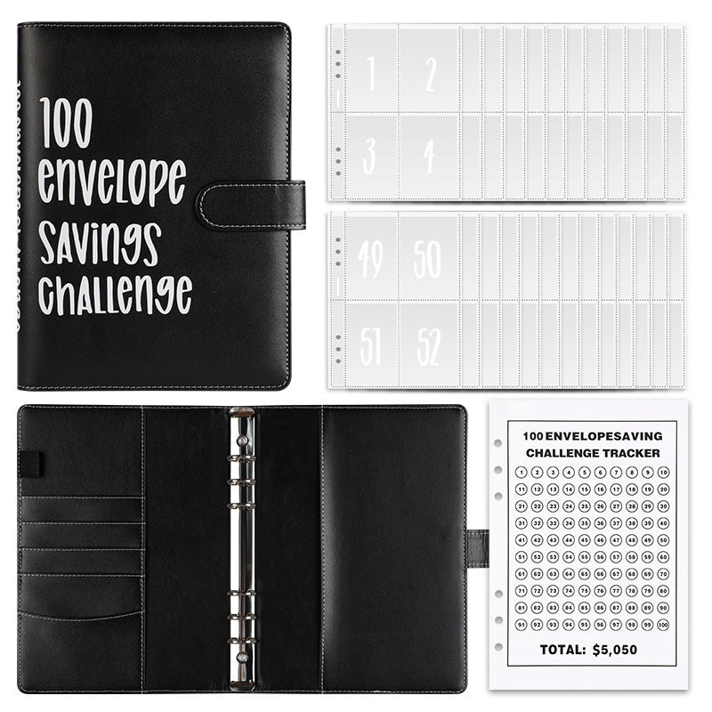 Black A5 100 envelope savings challenge binder on a white background