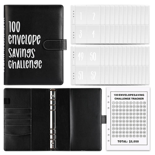 Black A5 100 envelope savings challenge binder on a white background