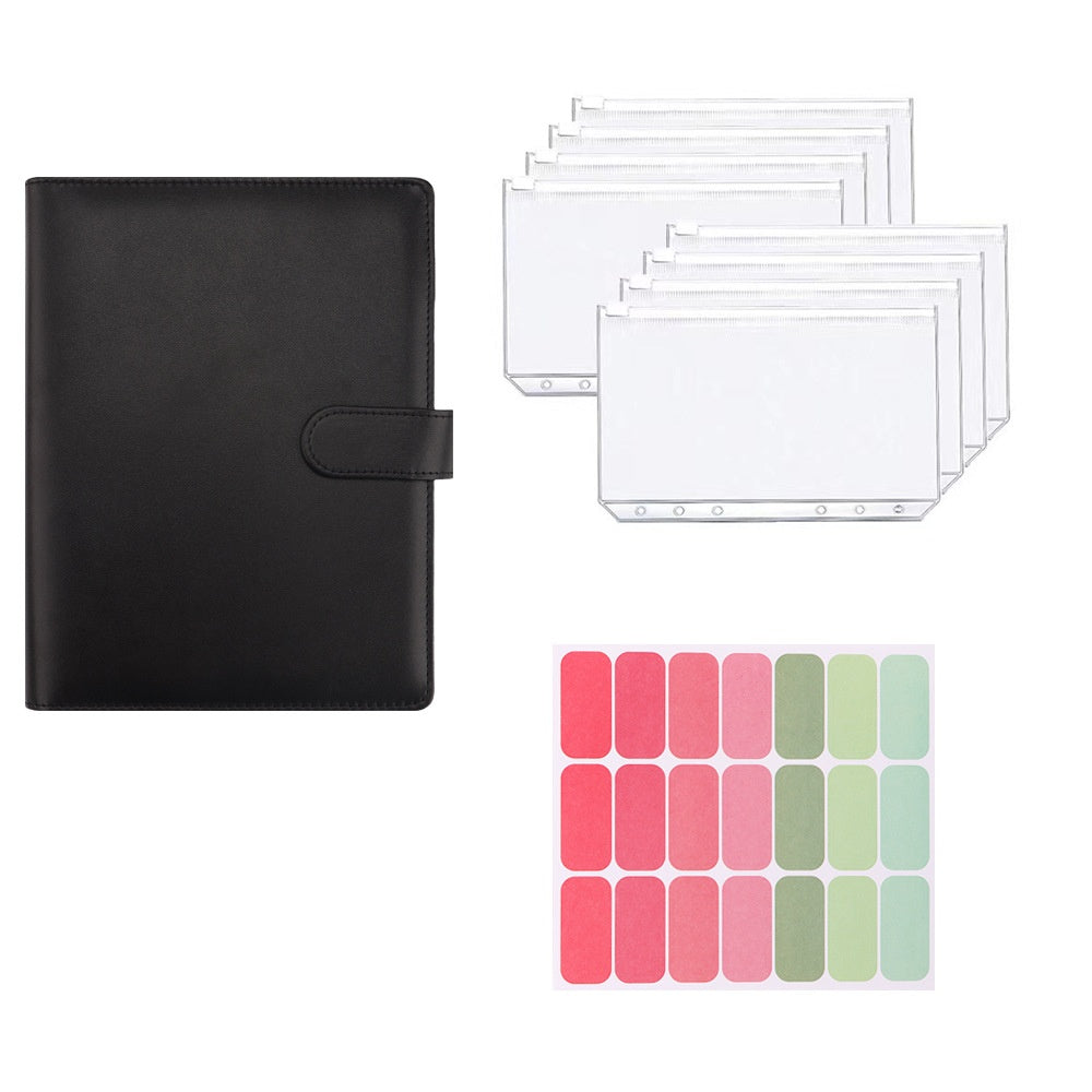 Black A5 macaron planner binder set with zipper pouches and colorful labels on a white background
