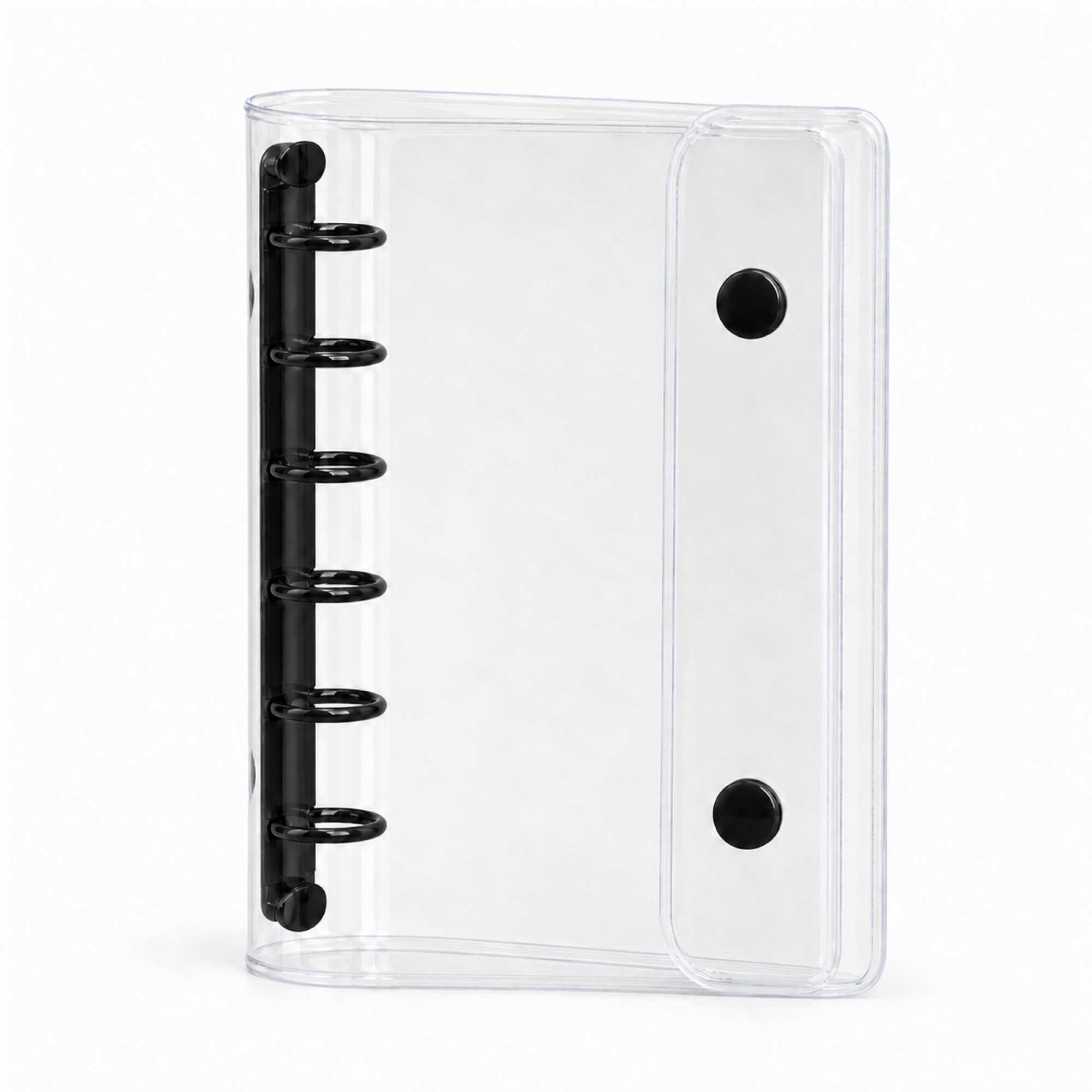 Black A7 Clear Double-Snap 6-Ring Planner Binder Cover on a white background