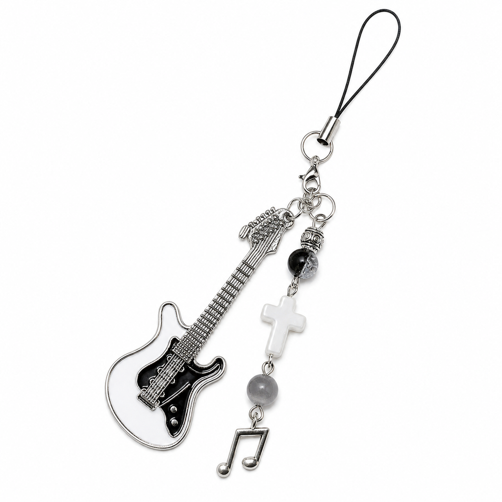 Black guitar phone charm strap with cross beads and music note on a white background