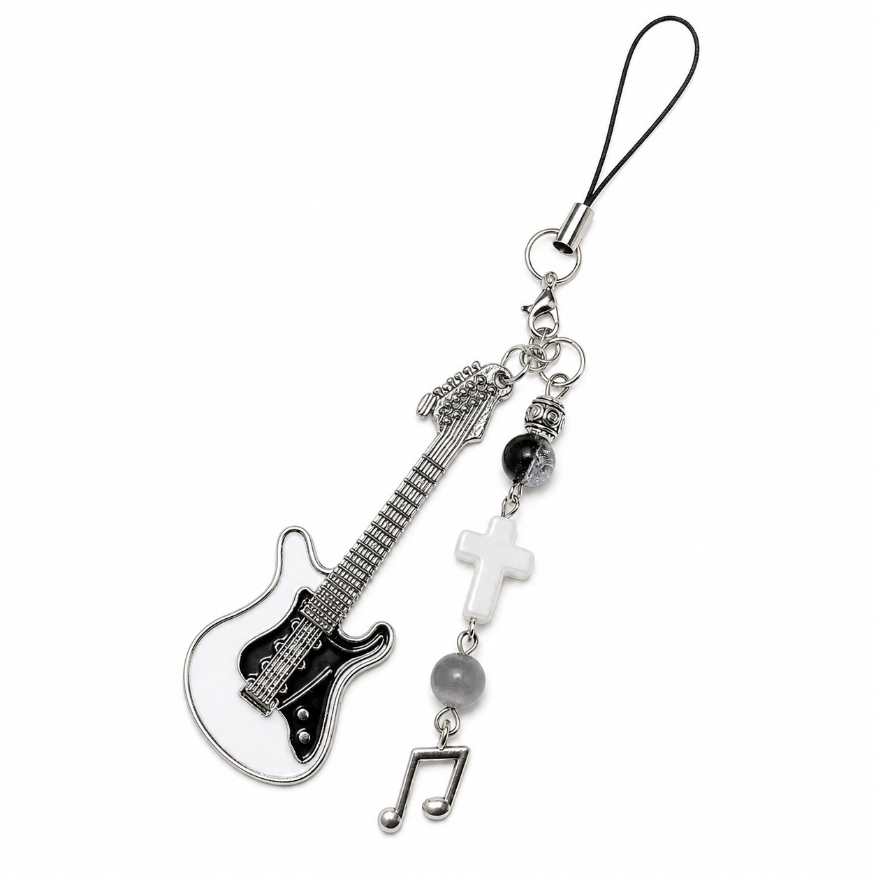 Black guitar phone charm strap with cross beads and music note on a white background