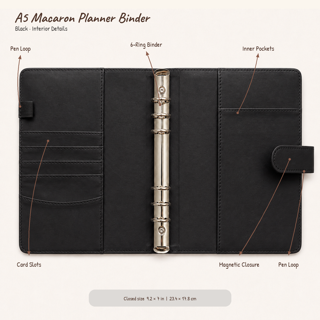 Black A5 Macaron Planner Binder interior with card slots, pockets, pen loops, magnetic closure and six-ring mechanism