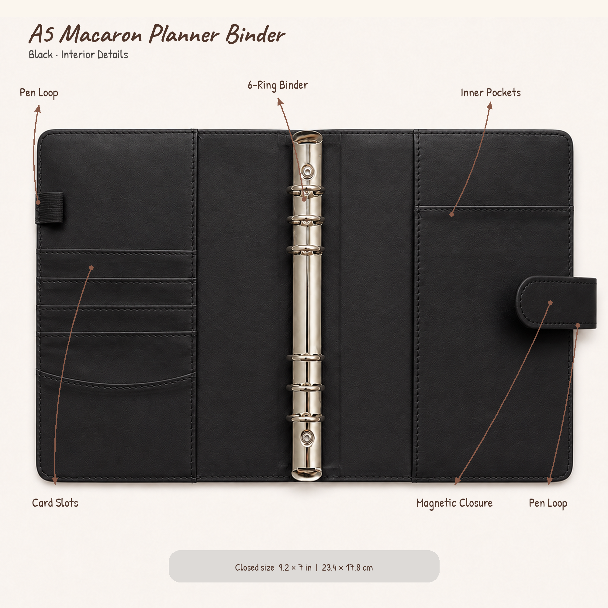 Black A5 Macaron Planner Binder interior with card slots, pockets, pen loops, magnetic closure and six-ring mechanism