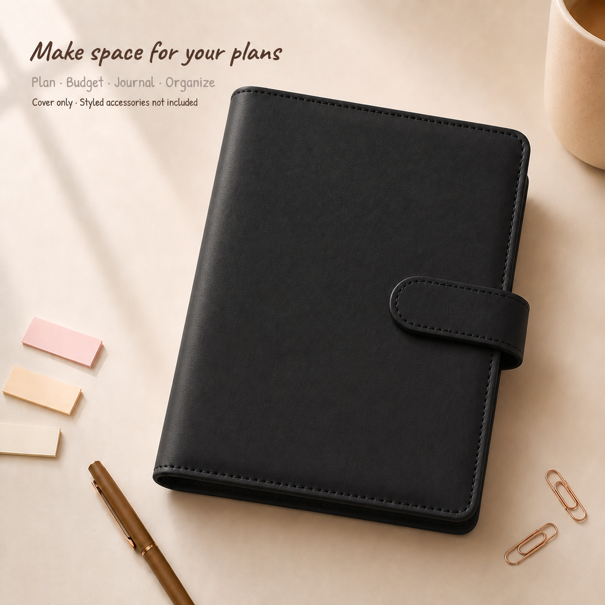 Black A5 Macaron Planner Binder on a calm morning desk, cover only