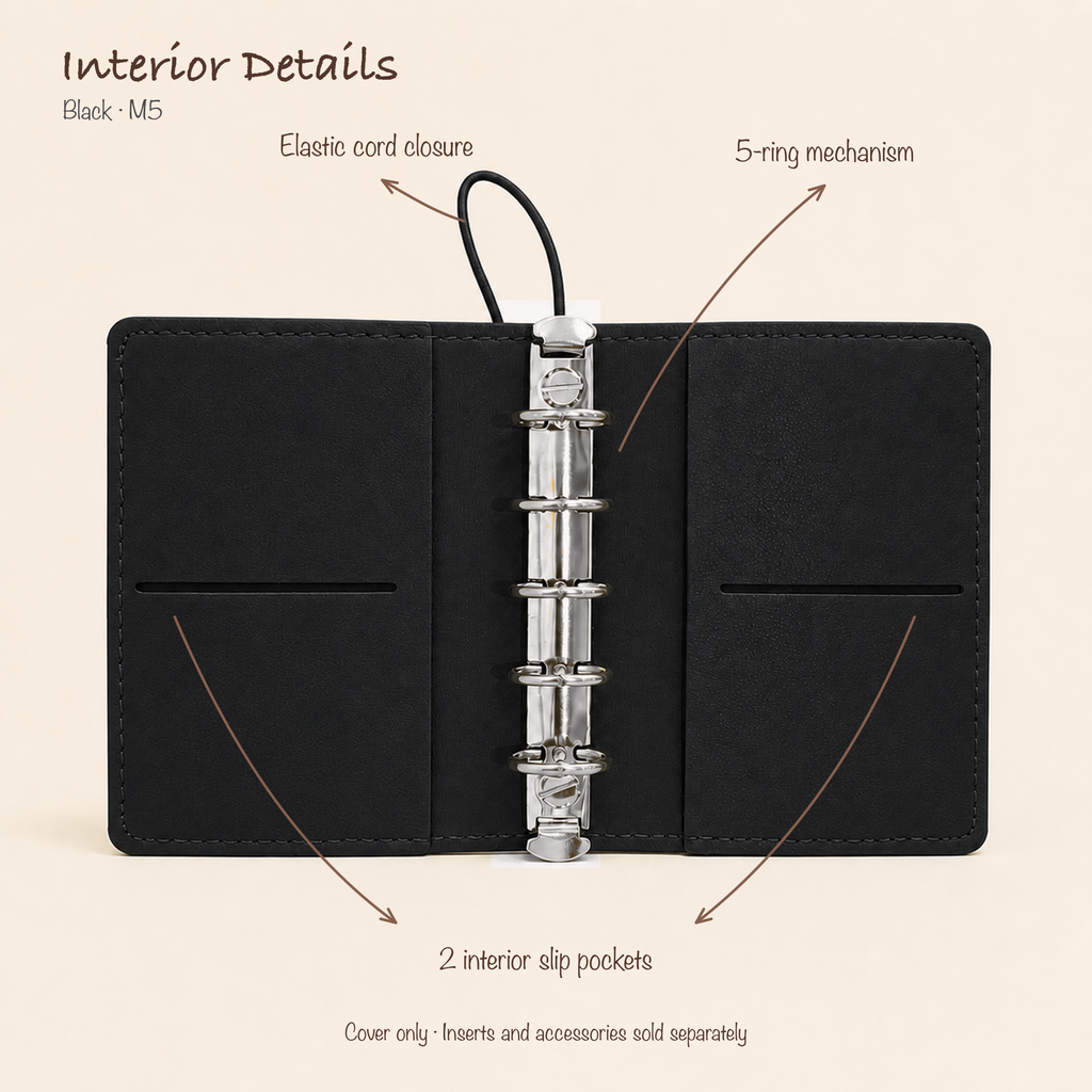 Open Black M5 five-ring planner cover showing elastic cord closure and two interior slip pockets