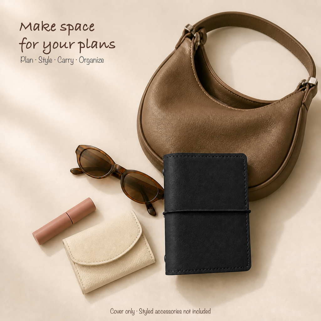 Black M5 planner cover styled with a petite hobo bag and clean everyday accessories