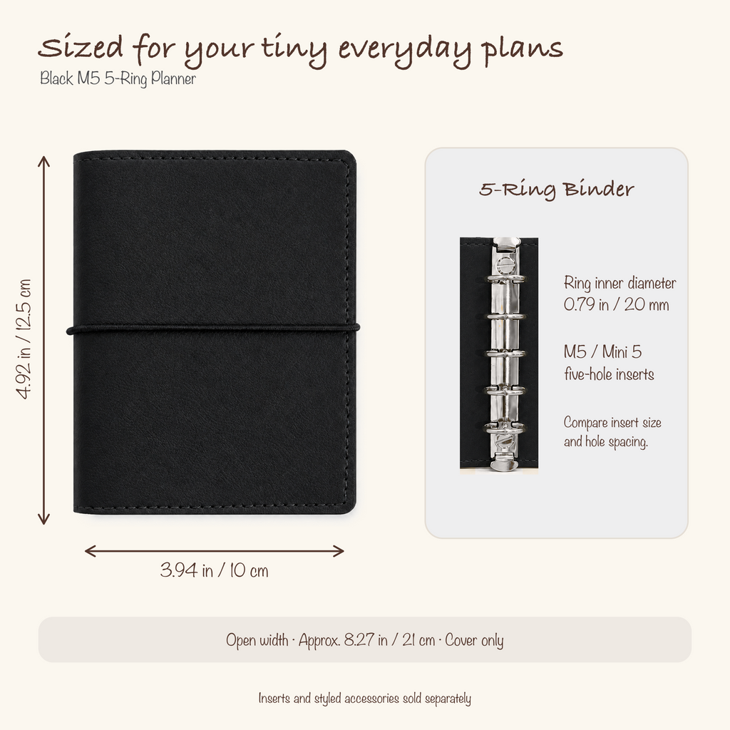 Black M5 planner cover dimensions and 20 mm five-ring insert compatibility guide
