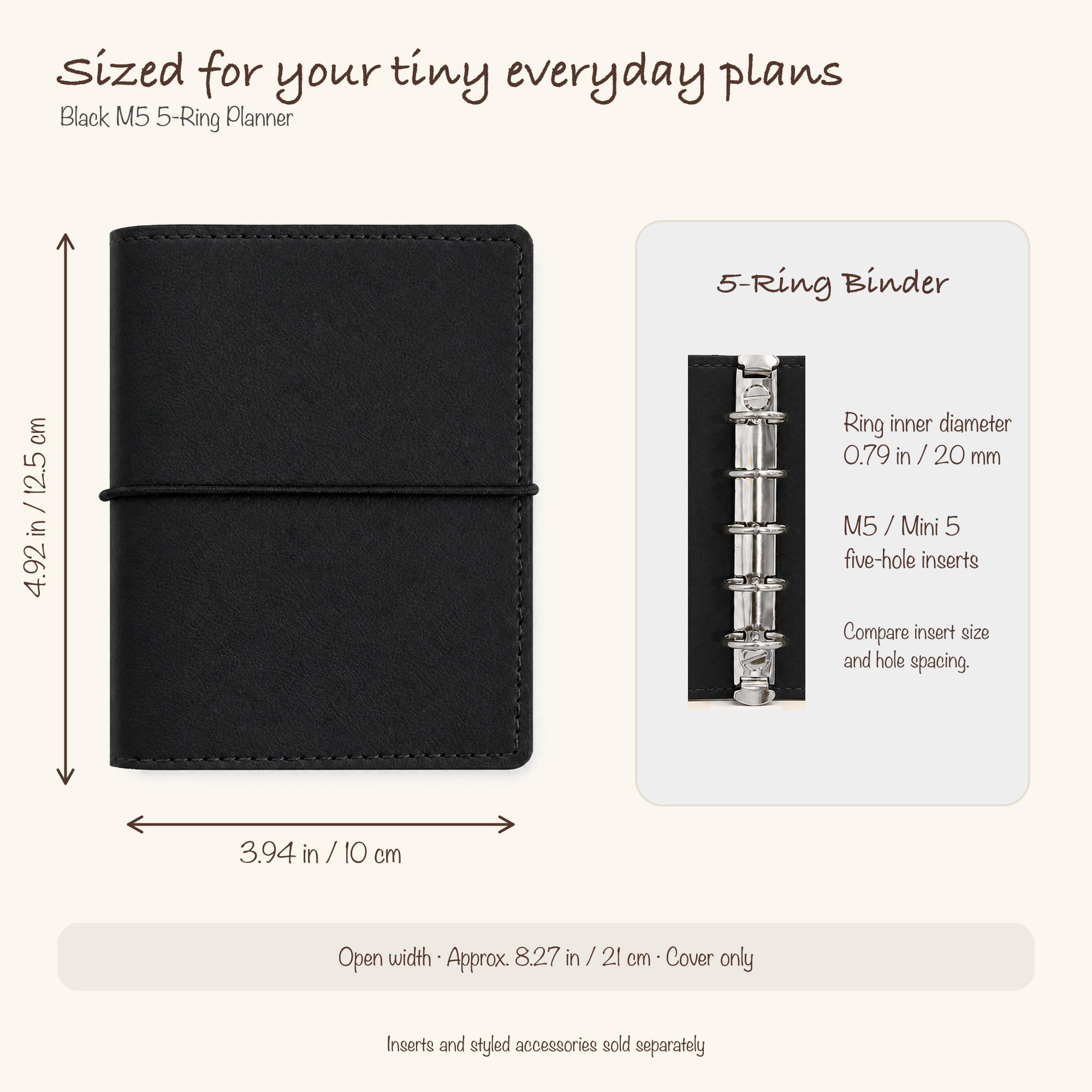 Black M5 planner cover dimensions and 20 mm five-ring insert compatibility guide