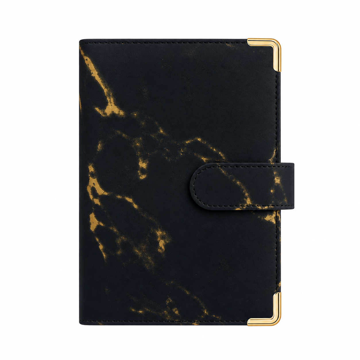 Black marble A6 budget binder cover with gold corner protectors on a white background