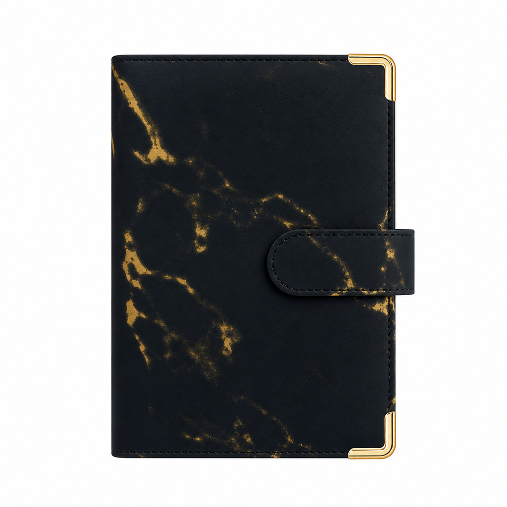 Black marble A6 budget binder cover with gold corner protectors on a white background